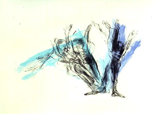 Grafik 'Flucht'; Steinlithografie zweifarbig (Irisdruck), 2000, Auflage 16, Format 54 x 70 cm