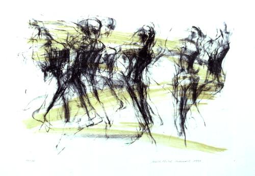 Grafik 'Große Tanzgruppe II'; Steinlithografie dreifarbig, 1999, Auflage 20, Format 54 x 71 cm