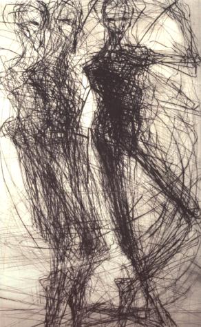 Grafik 'Große Tanzgruppe III'; Ätzradierung / Kaltnadel, 1997, Format 50 x 30 cm